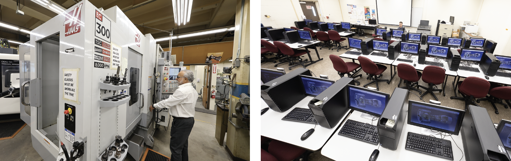 Left - Professor Singh readies the Haas EC-300 horizontal mill awaiting the advanced students in the MNFG 195 class.Right - Professor Zonin will teach CATIA later in the day to 24 students after industry feedback led to its reintroduction.